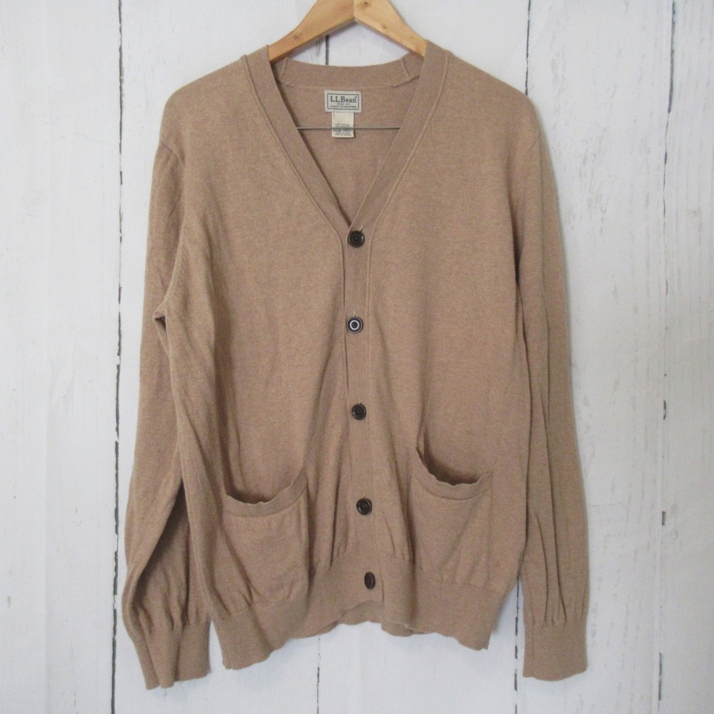 LL Bean Cardigan Sweater L Camel Tan Cashmere Cotton Button Up Minimalist